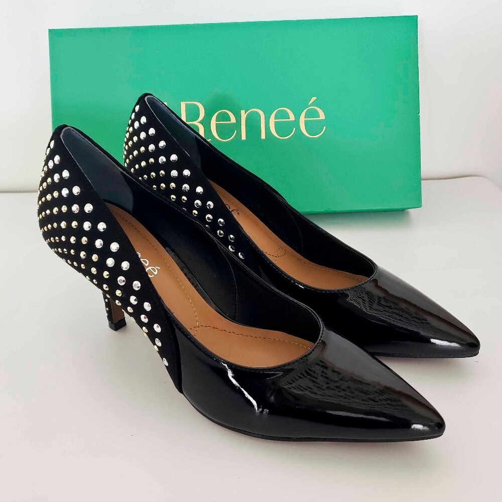J. Renee Jakey Black Patent/Suede w/Silver Studs Pump 7M NEW